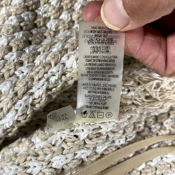 Karl Lagerfeld Womens Chunky‎ Knit Cardigan Sweater Open Front Fringe Sz L Beige - Picture 8 of 8